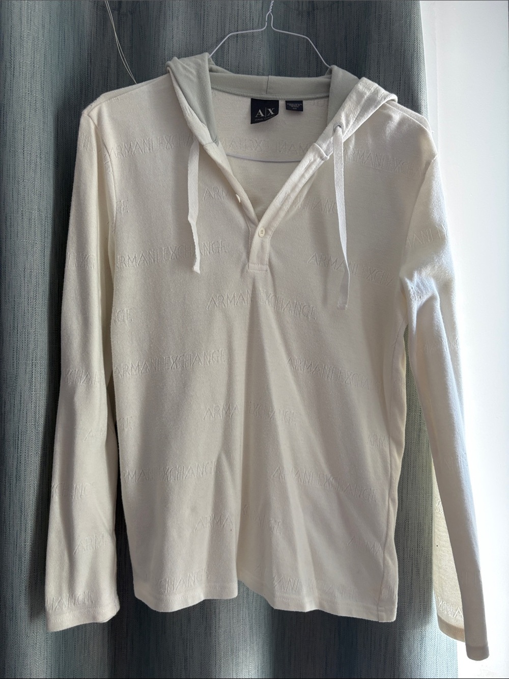 Armani Exchange Men’s Cream V-Neck Hooded Long-Sleeve Sweater